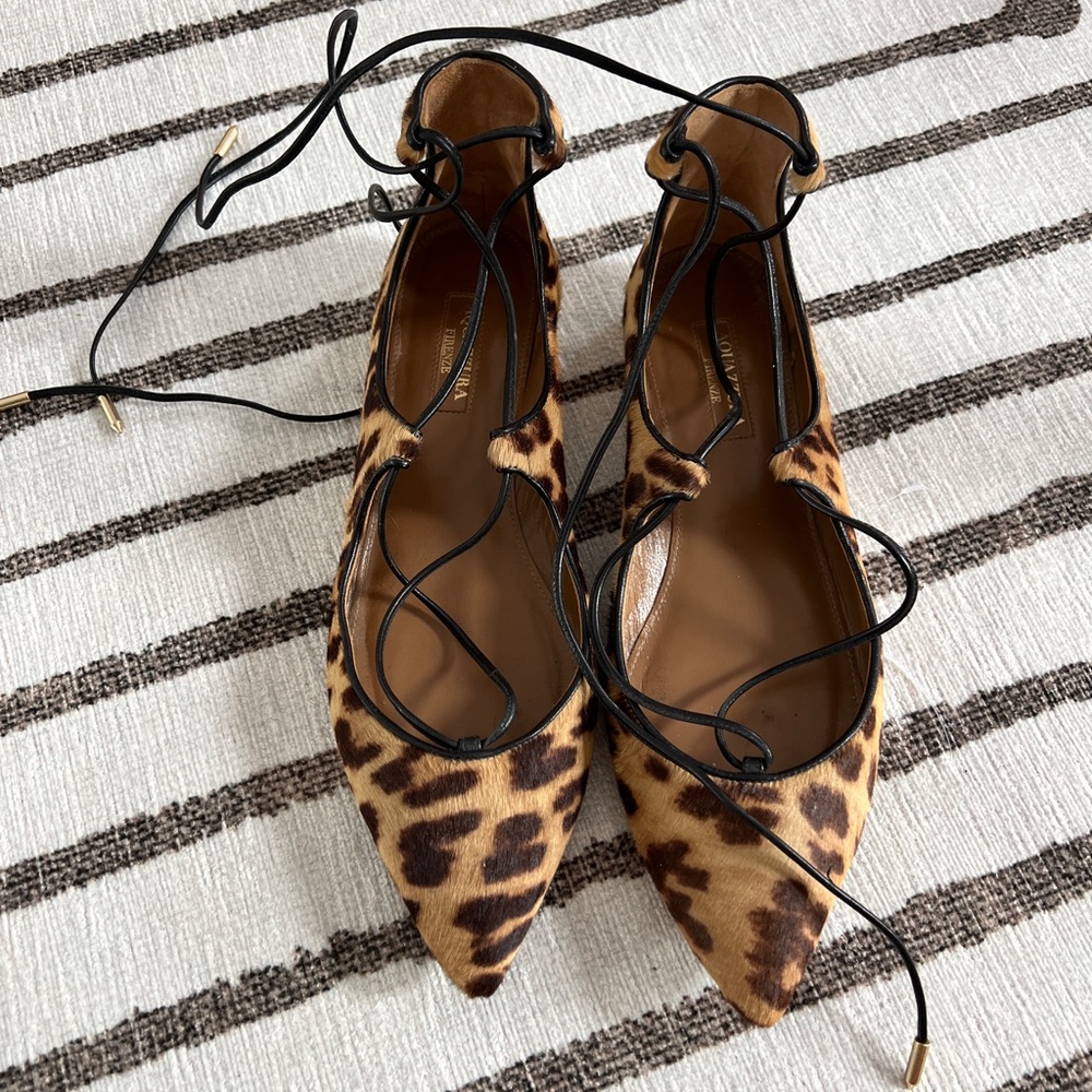 Aquazzura Leopard Print Lace-Up Flats - Brown/Black - Picture 2 of 6